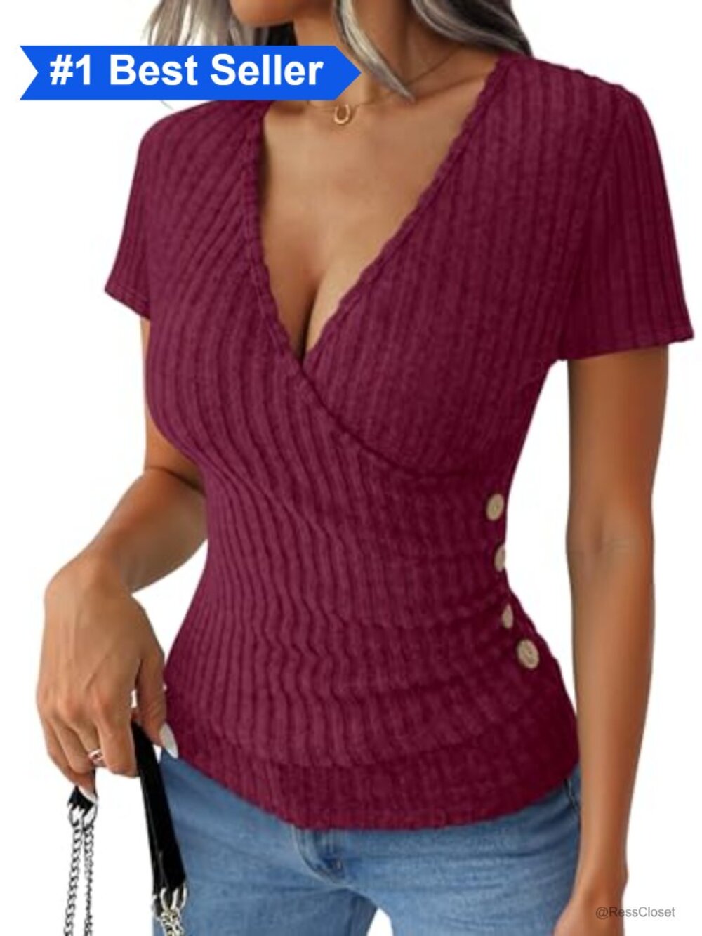 Women's Short Sleeve V Neck Ribbed Knit Slim Fit Top